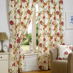 Pink Bouquet Floral Panama Cotton 3" Tape Pencil Pleat Pair Curtains