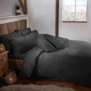 Charcoal Grey Teddy Fleece Fur Soft Cosy Duvet Quilt Cover Set