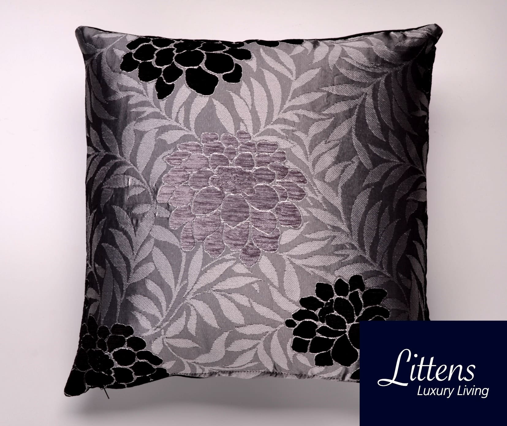 18" x 18" Silver Black Malham Floral Chenille Cushion Cover (45cm x 45cm)