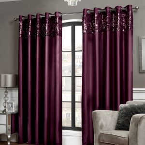 Aubergine Sequin Top Border Faux Silk Eyelet Pair Curtains