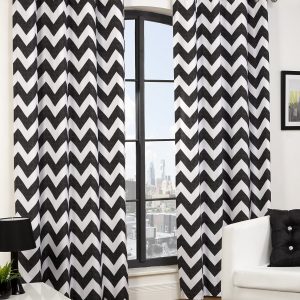 Black White Chevron Stripes Panama Cotton Pair Curtains