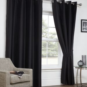 Black Faux Silk Blackout Eyelet Ring Top Pair Curtains Inc Tiebacks
