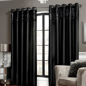 Black Sequin Top Border Faux Silk Eyelet Pair Curtains