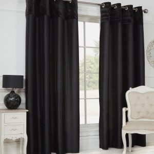 Black Velvet Border Faux Silk Eyelet Curtains