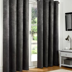 Charcoal Slate Grey Embossed Blackout Eyelet Ring Top Pair Curtains