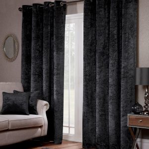 Luxury Charcoal Crushed Velvet Eyelet Ring Top Pair Curtains