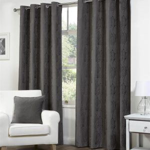 Palma Floral Charcoal Grey Eyelet Pair Curtains