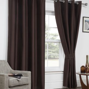 Chocolate Faux Silk Blackout Eyelet Ring Top Pair Curtains Inc Tiebacks