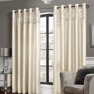 Cream Sequin Top Border Faux Silk Eyelet Pair Curtains