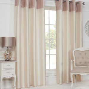 Cream Velvet Border Faux Silk Eyelet Curtains