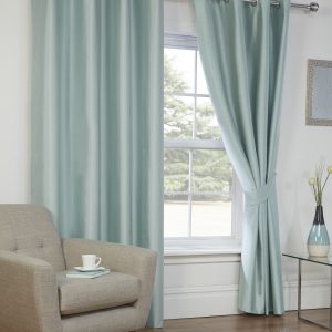 Duck Egg Faux Silk Blackout Eyelet Ring Top Pair Curtains Inc Tiebacks
