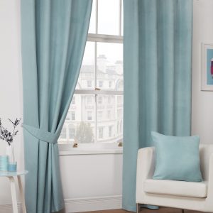 Duck Egg Faux Suede Eyelet Ring Top Pair Curtains, Lined