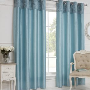 Duck Egg Velvet Border Faux Silk Eyelet Curtains
