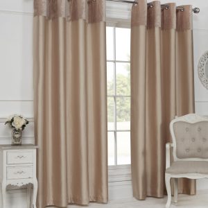 Gold Velvet Border Faux Silk Eyelet Curtains
