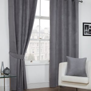 Grey Faux Suede Eyelet Ring Top Pair Curtains, Lined
