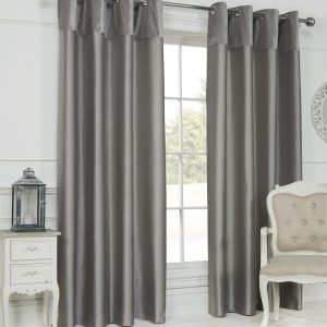 Grey Velvet Border Faux Silk Eyelet Curtains