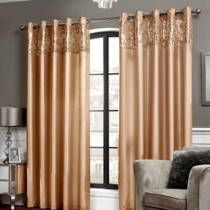Latte Sequin Top Border Faux Silk Eyelet Pair Curtains
