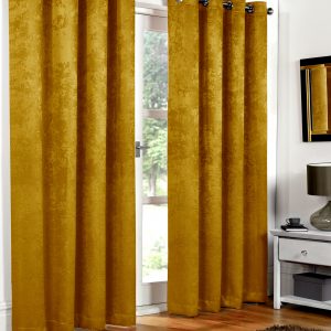 Ochre Yellow Embossed Blackout Eyelet Ring Top Pair Curtains
