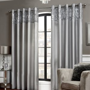 Silver Sequin Top Border Faux Silk Eyelet Pair Curtains