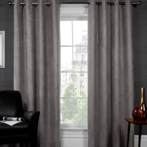 Silver Grey Faux Suede Thermal Blackout Eyelet Ringtop Pair Curtains