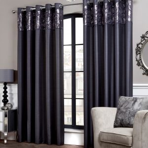 Slate Grey Sequin Top Border Faux Silk Eyelet Pair Curtains