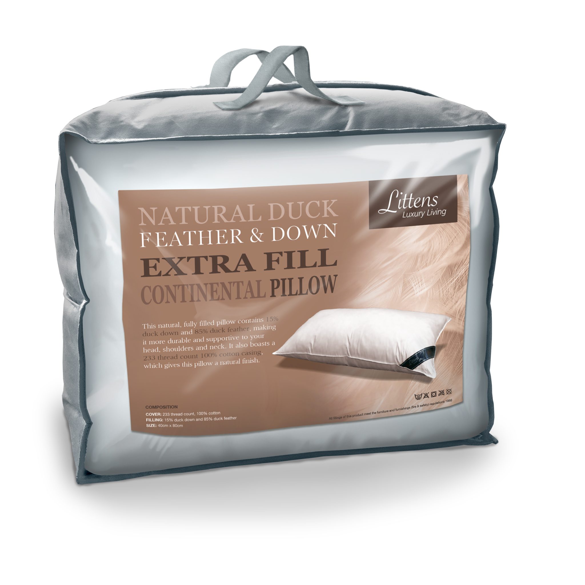Extra Fill European Continental Duck Feather & Down Pillow 40cm x 80cm