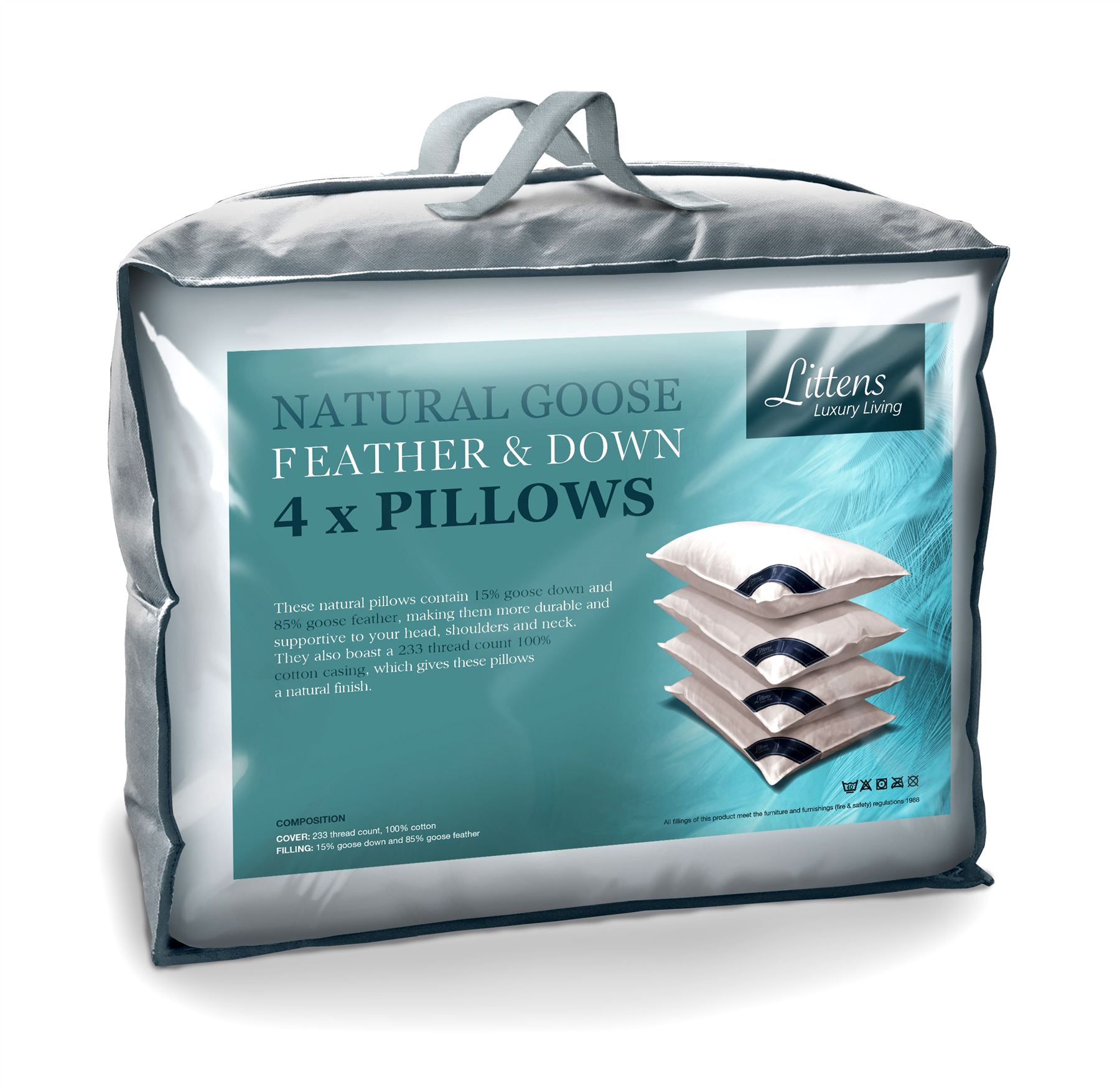 4 Goose Feather & Down Pillows, Cotton Casing