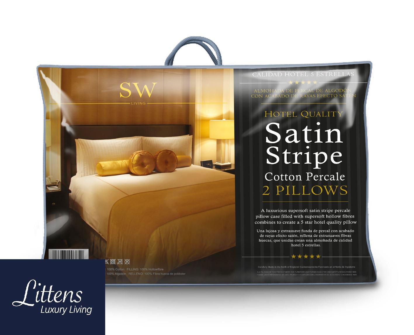 Pair Hotel Quality Satin Stripe Hollowfibre Pillows, 233TC Cotton