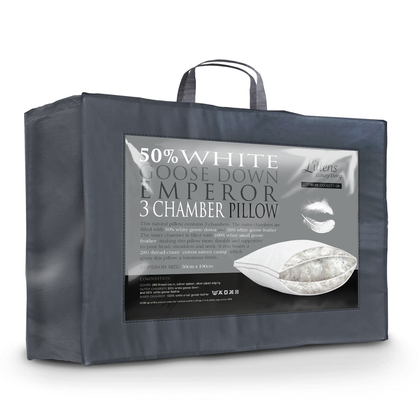 Emperor Size 3 Chamber Pillow, 50% Goose Down, Side Sleeper 50 x 100cm
